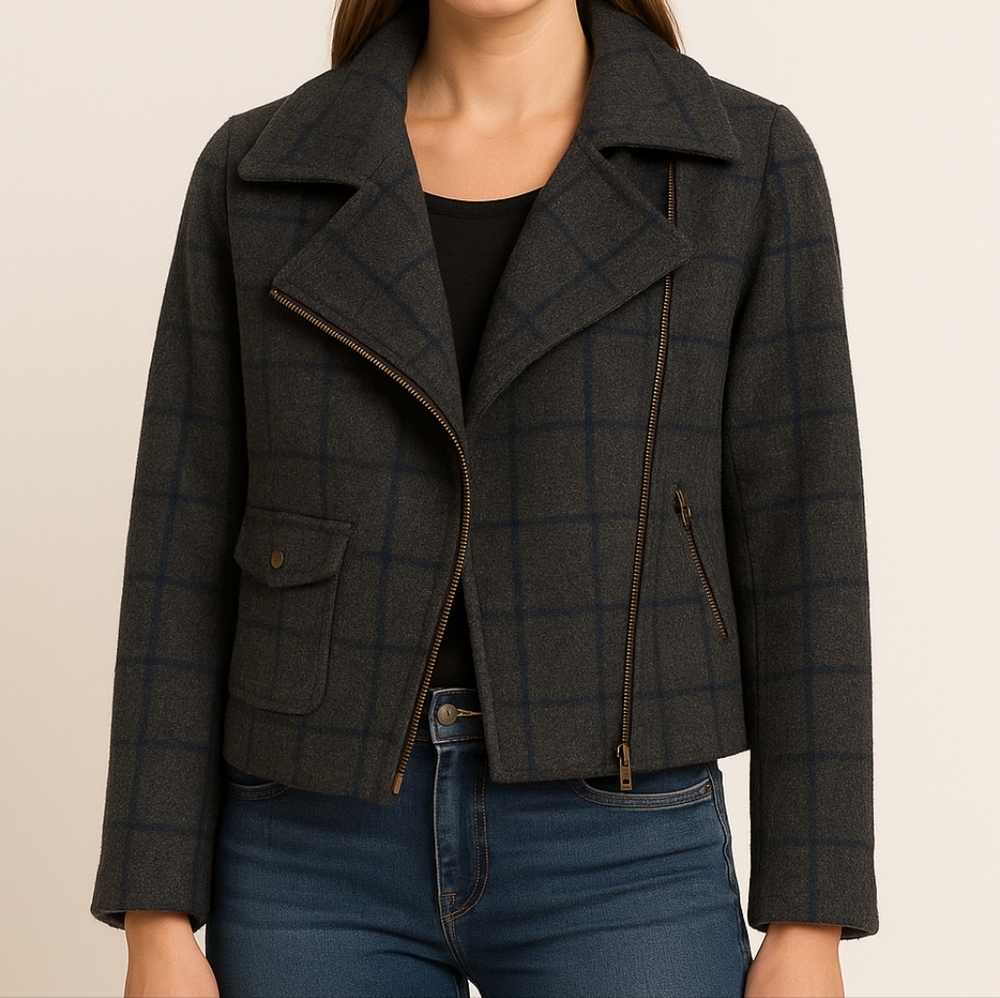 I. Spiewak & Sons Wool Blend Moto Jacket – Charcoal Plaid Asymmetrical Zip Coat